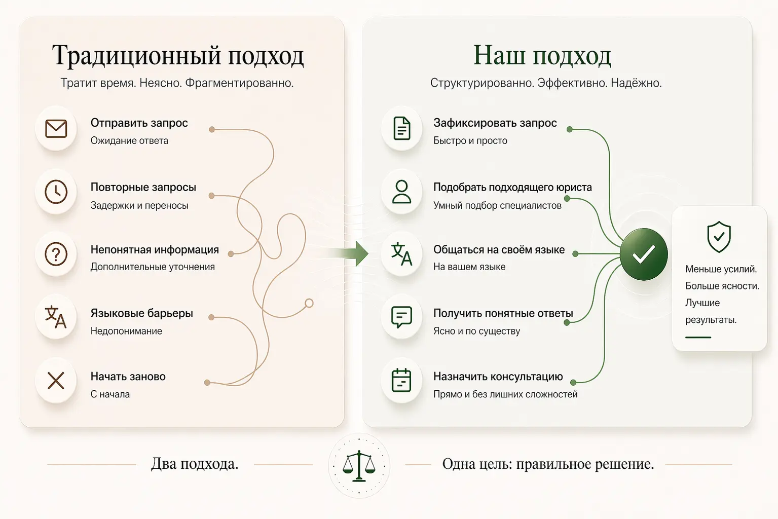 Визуальное сравнение традиционного пути обращения за юридической помощью и структурированного процесса European Lawyer Solutions
