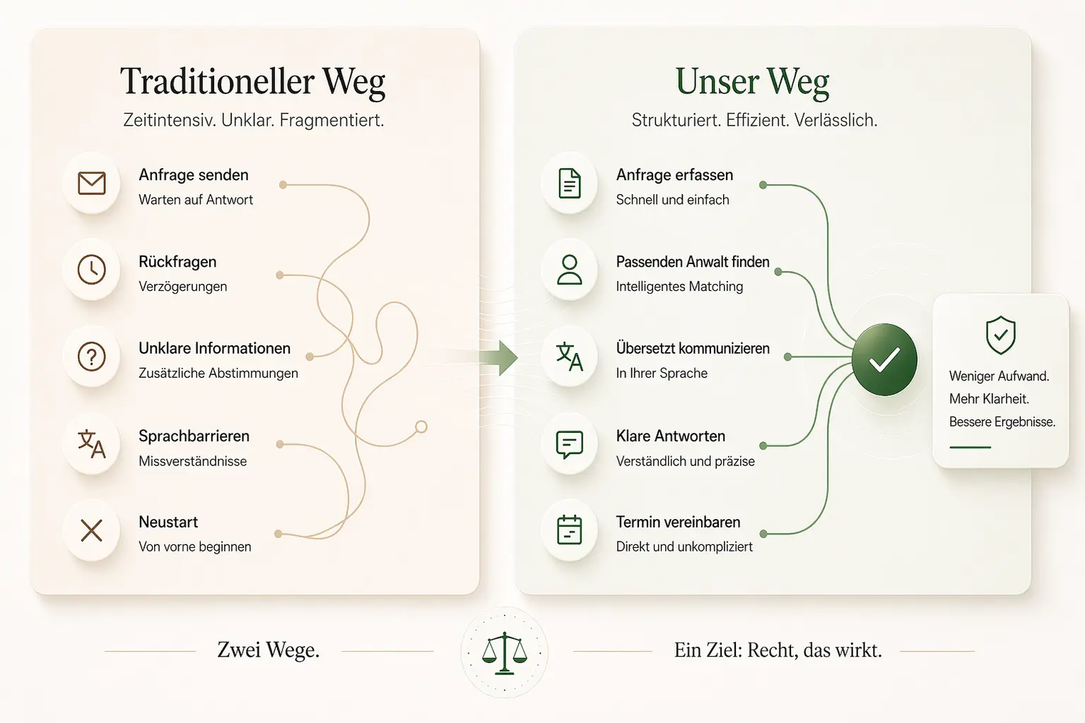 Visueller Vergleich zwischen traditioneller Mandatsanfrage und dem strukturierten Ablauf von European Lawyer Solutions